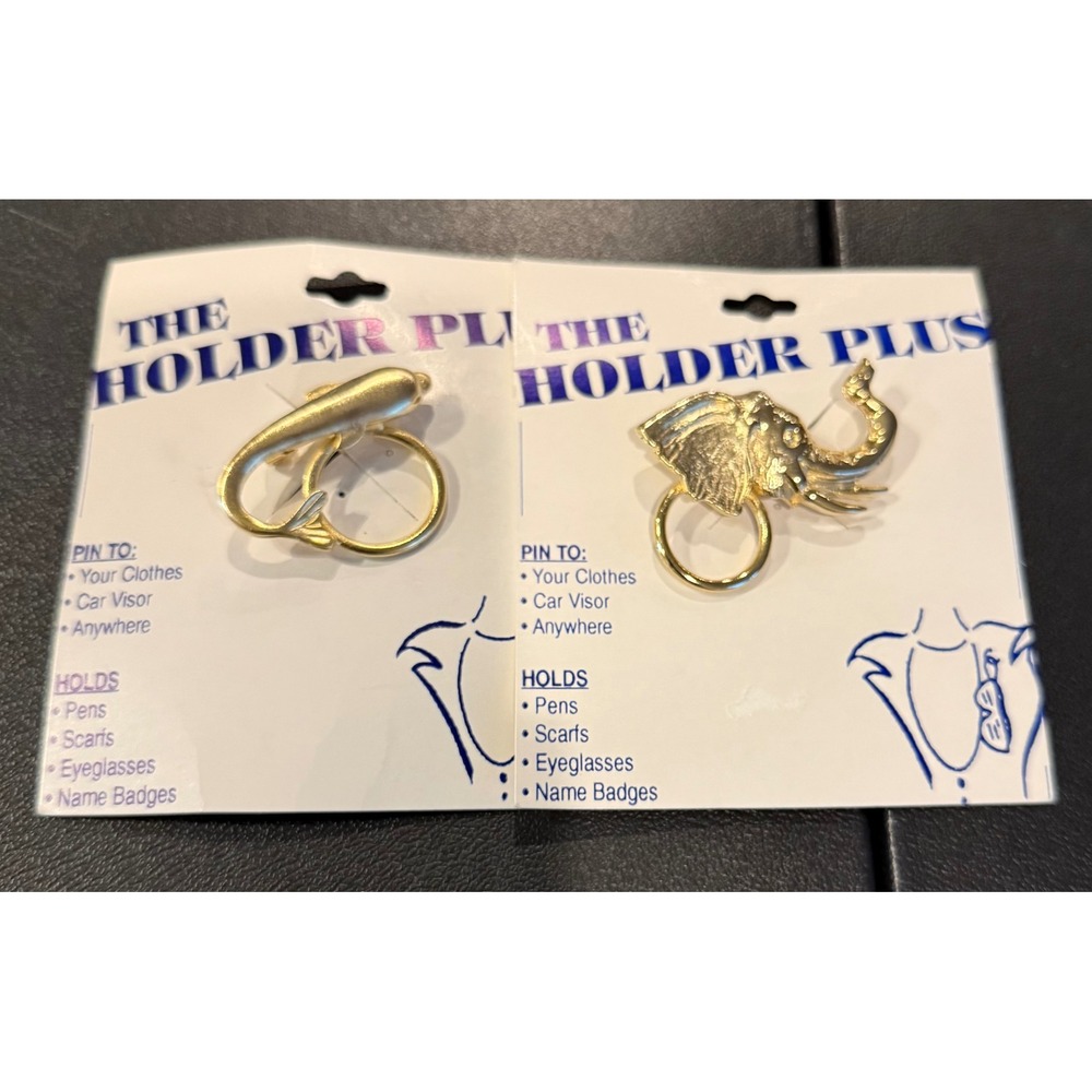 The Holder Plus Women Eyeglass Holder Pins Gold Elephant Dolphin Brooch Set NEW